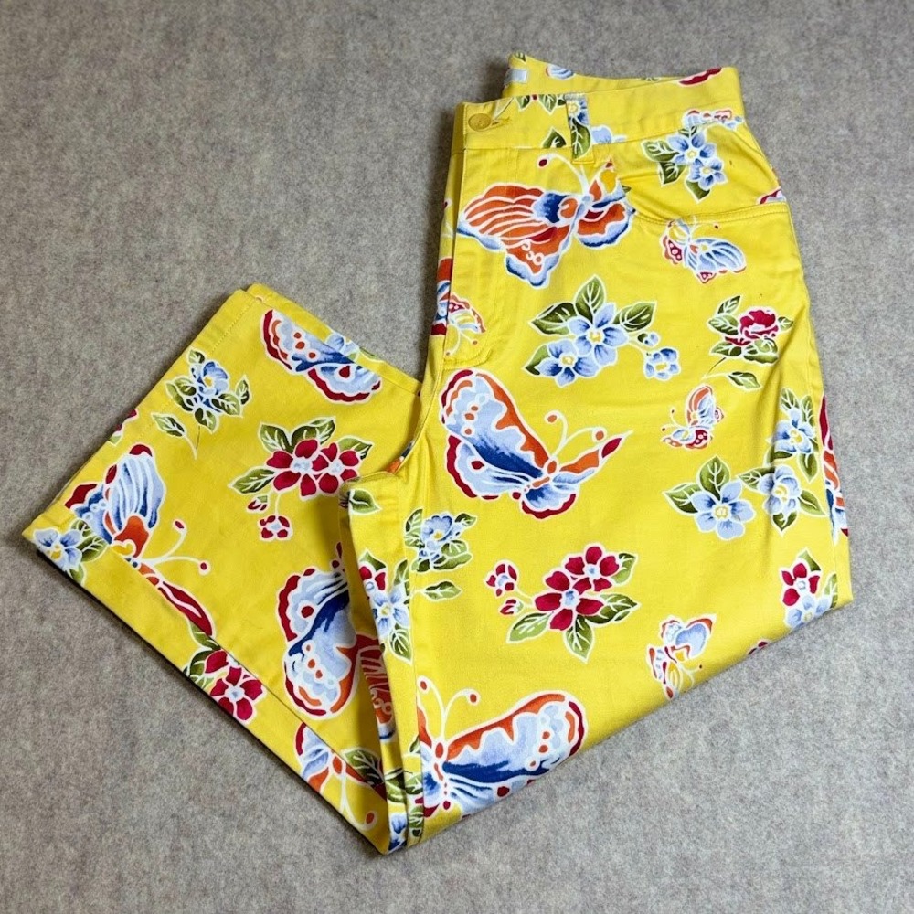 Jones New York Sport Pants Womens 4 Yellow Cotton Butterfly Floral Crop Festival